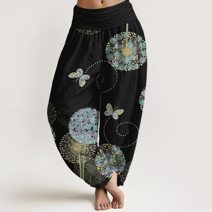 Buddha Stones Pantalones harén de algodón con estampado de mariposa y diente de león para mujer, cintura elástica - Negro - US16，UK/AU20，EU48 (3XL) - image 0