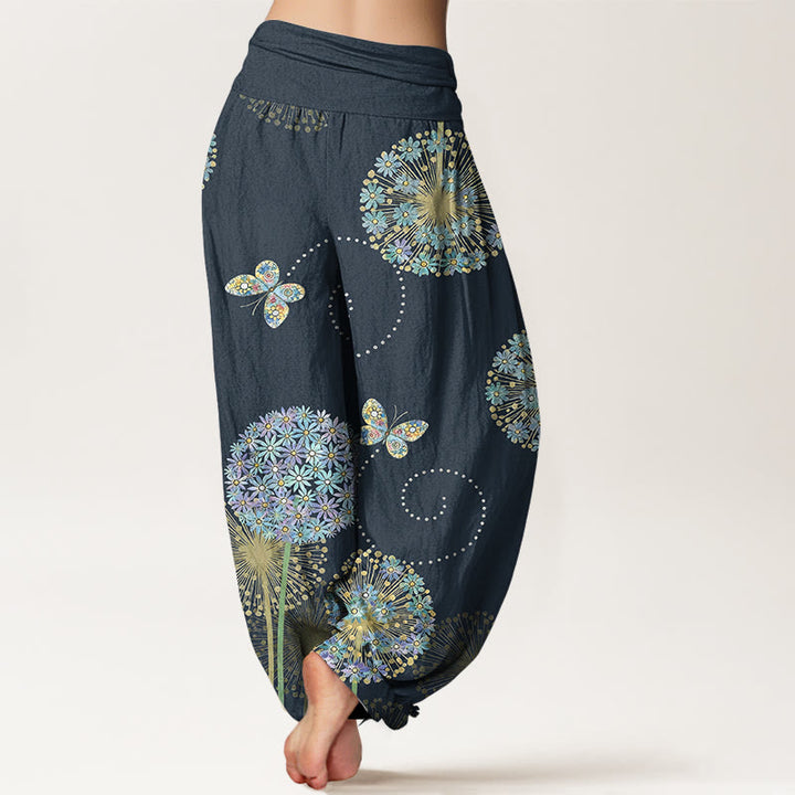 Buddha Stones Pantalones harén de algodón con estampado de mariposa y diente de león para mujer, cintura elástica - image 9