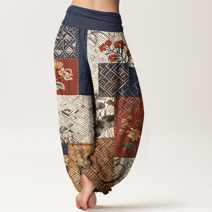 Buddha Stones Pantalones harén de algodón con diseño geométrico de flores y bloques de color para mujer, cintura elástica - image 1