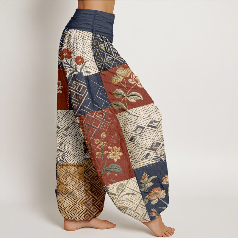 Buddha Stones Pantalones harén de algodón con diseño geométrico de flores y bloques de color para mujer, cintura elástica - image 2