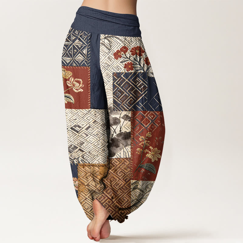 Buddha Stones Pantalones harén de algodón con diseño geométrico de flores y bloques de color para mujer, cintura elástica - image 1