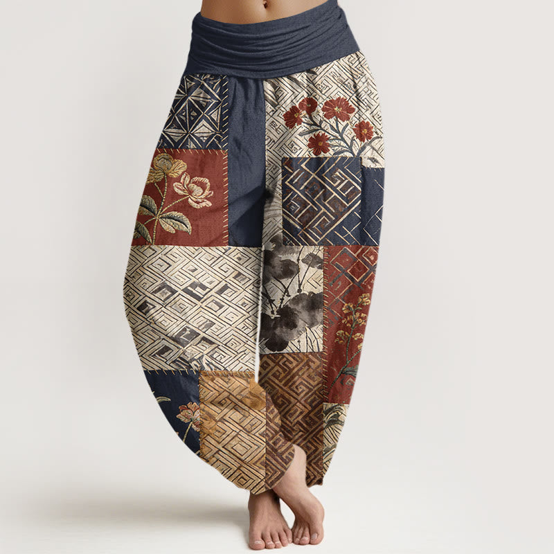 Buddha Stones Pantalones harén de algodón con diseño geométrico de flores y bloques de color para mujer, cintura elástica - Azul medianoche - US16，UK/AU20，EU48 (3XL) - image 0