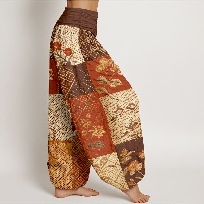 Buddha Stones Pantalones harén de algodón con diseño geométrico de flores y bloques de color para mujer, cintura elástica - image 7