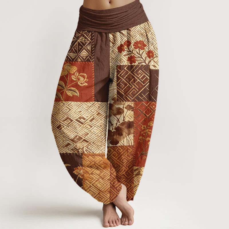 Buddha Stones Pantalones harén de algodón con diseño geométrico de flores y bloques de color para mujer, cintura elástica - Marrón - US16，UK/AU20，EU48 (3XL) - image 5