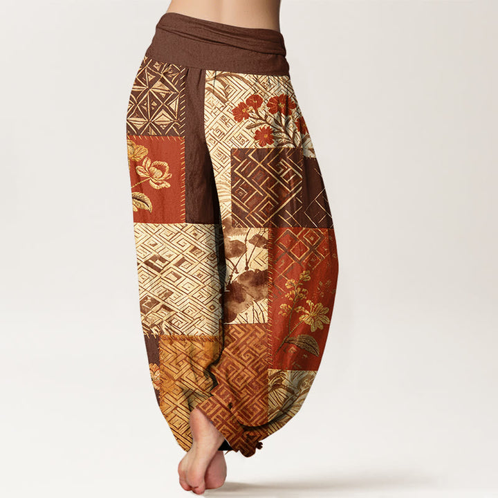Buddha Stones Pantalones harén de algodón con diseño geométrico de flores y bloques de color para mujer, cintura elástica - image 6