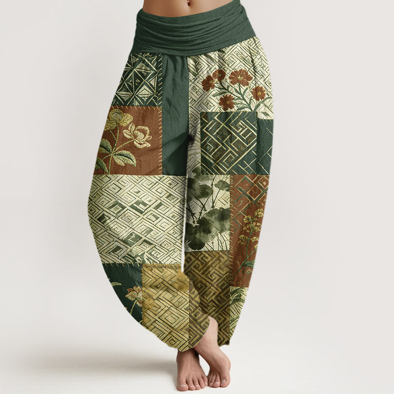 Buddha Stones Pantalones harén de algodón con diseño geométrico de flores y bloques de color para mujer, cintura elástica - Verde oscuro - US16，UK/AU20，EU48 (3XL) - image 8