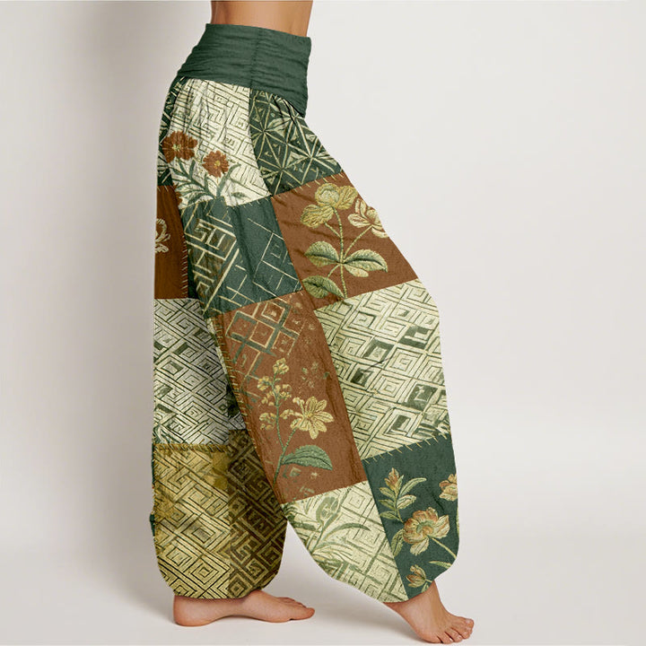 Buddha Stones Pantalones harén de algodón con diseño geométrico de flores y bloques de color para mujer, cintura elástica - image 10