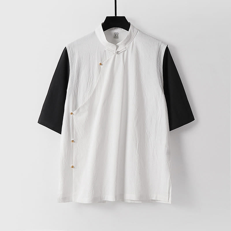 Buddha Stones Camisa de algodón para hombre, 2 en 1, de verano, con cuello alto, manga corta y botones de rana - Blanco - US/UK/AU54, EU64 (9XL) - image 2