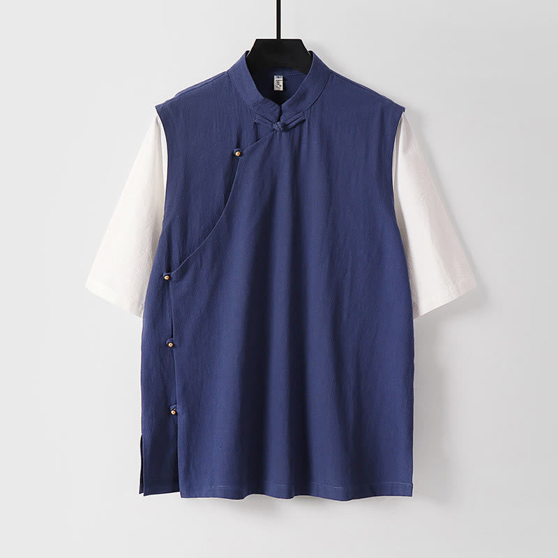 Buddha Stones Camisa de algodón para hombre, 2 en 1, de verano, con cuello alto, manga corta y botones de rana - Azul oscuro - US/UK/AU54, EU64 (9XL) - image 14