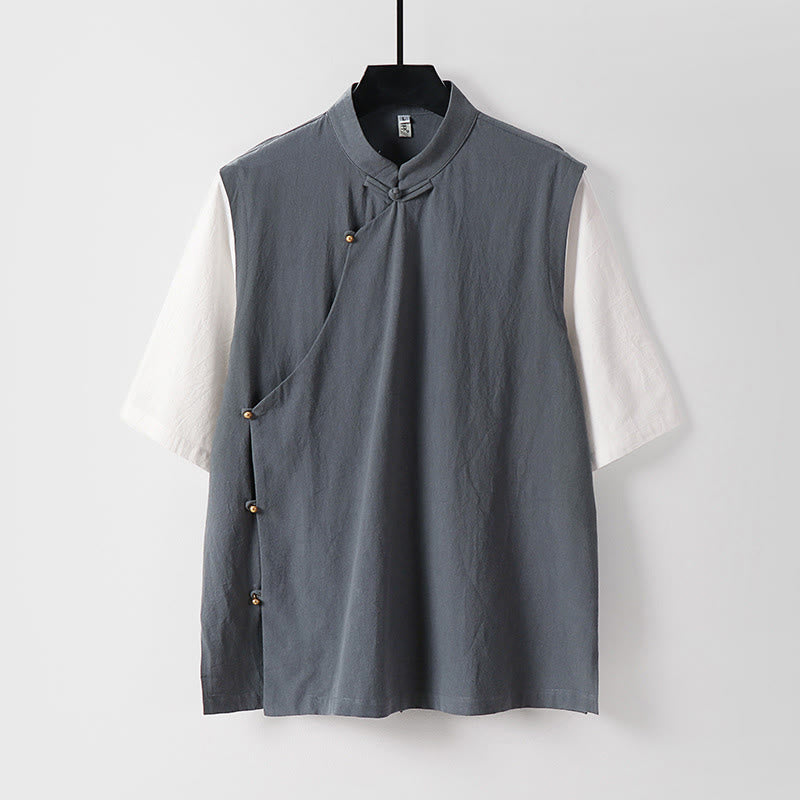 Buddha Stones Camisa de algodón para hombre, 2 en 1, de verano, con cuello alto, manga corta y botones de rana - Gris - US/UK/AU54, EU64 (9XL) - image 0