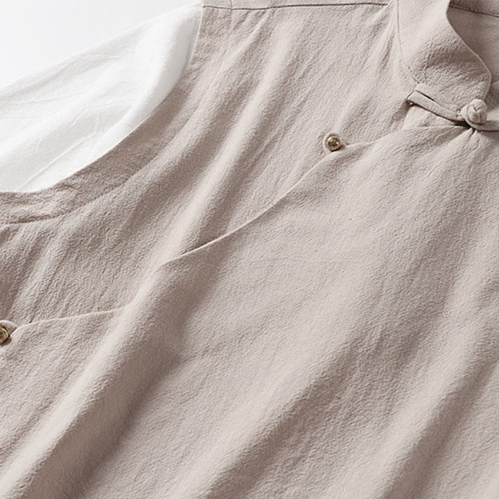 Buddha Stones Camisa de algodón para hombre, 2 en 1, de verano, con cuello alto, manga corta y botones de rana - image 9