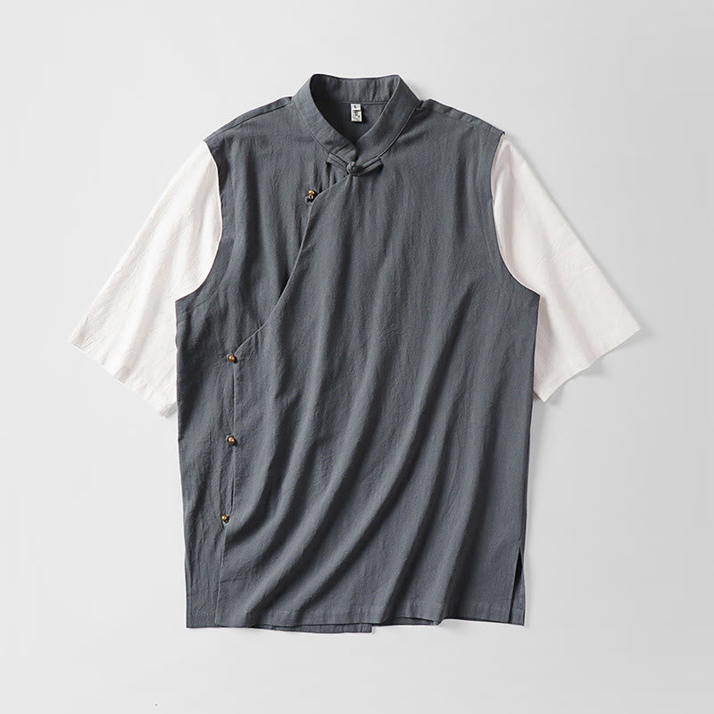 Buddha Stones Camisa de algodón para hombre, 2 en 1, de verano, con cuello alto, manga corta y botones de rana - image 1