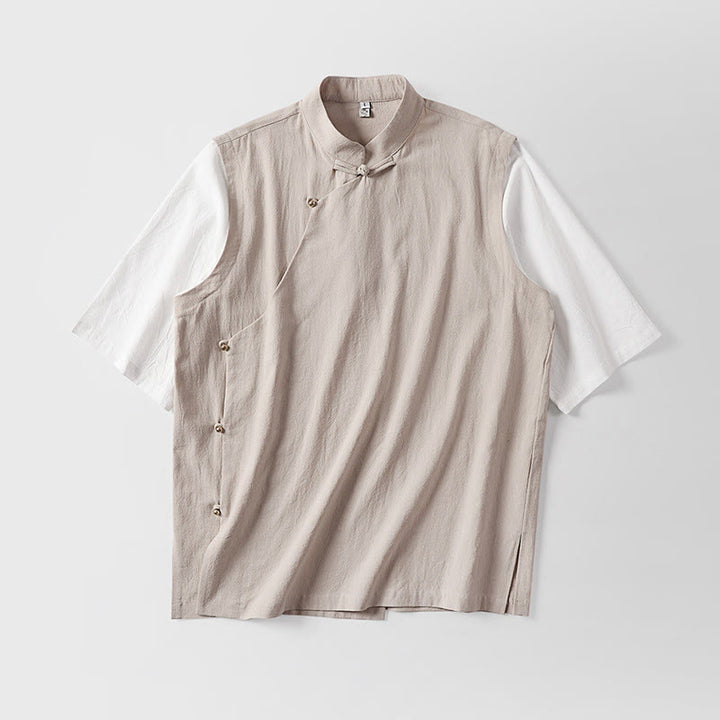 Buddha Stones Camisa de algodón para hombre, 2 en 1, de verano, con cuello alto, manga corta y botones de rana - image 7