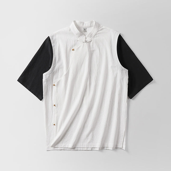 Buddha Stones Camisa de algodón para hombre, 2 en 1, de verano, con cuello alto, manga corta y botones de rana - image 3