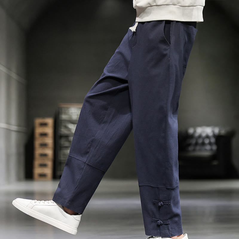 Buddha Stones Pantalones de algodón para hombre con cintura elástica, cordón ajustable, botones de rana y bolsillos hasta el tobillo - image 34