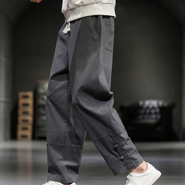 Buddha Stones Pantalones de algodón para hombre con cintura elástica, cordón ajustable, botones de rana y bolsillos hasta el tobillo - image 13