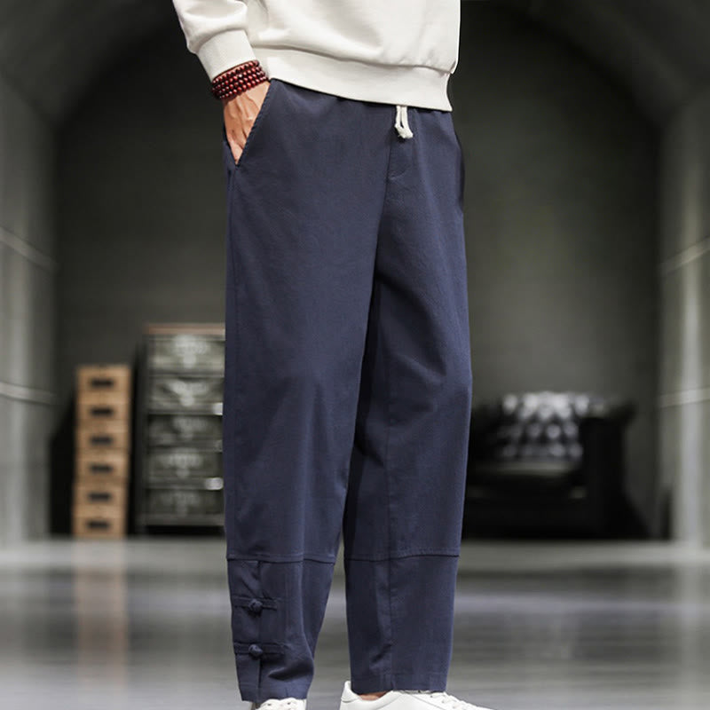 Buddha Stones Pantalones de algodón para hombre con cintura elástica, cordón ajustable, botones de rana y bolsillos hasta el tobillo - image 31