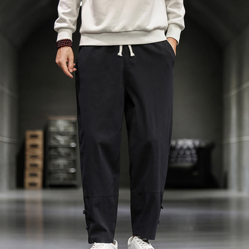 Buddha Stones Pantalones de algodón para hombre con cintura elástica, cordón ajustable, botones de rana y bolsillos hasta el tobillo - Negro - US/UK/AU46, EU56 (5XL) - image 17