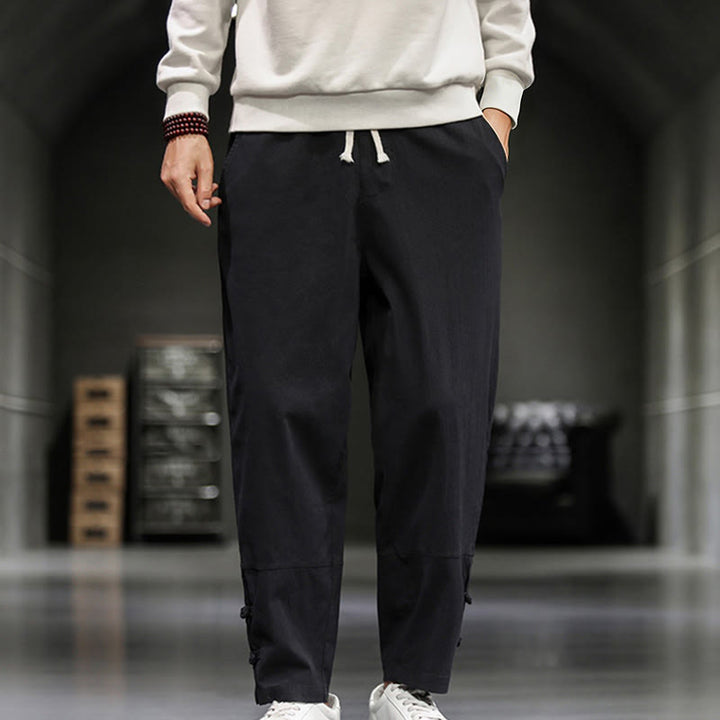 Buddha Stones Pantalones de algodón para hombre con cintura elástica, cordón ajustable, botones de rana y bolsillos hasta el tobillo - Negro - US/UK/AU46, EU56 (5XL) - image 17