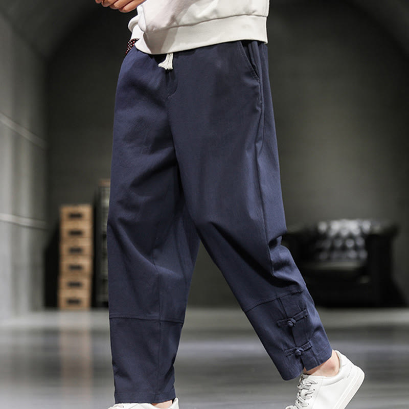 Buddha Stones Pantalones de algodón para hombre con cintura elástica, cordón ajustable, botones de rana y bolsillos hasta el tobillo - image 32