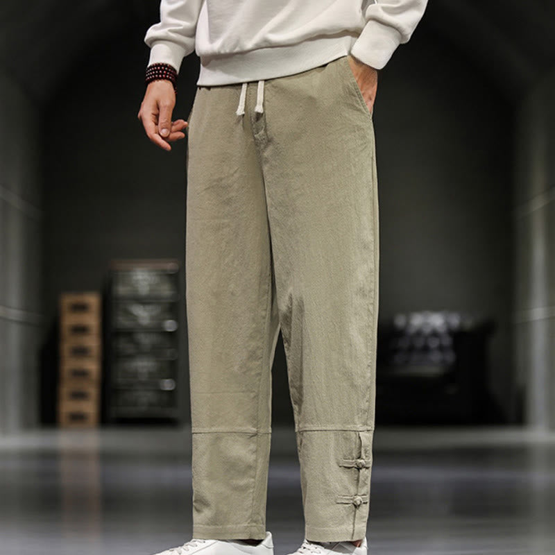 Buddha Stones Pantalones de algodón para hombre con cintura elástica, cordón ajustable, botones de rana y bolsillos hasta el tobillo - image 2
