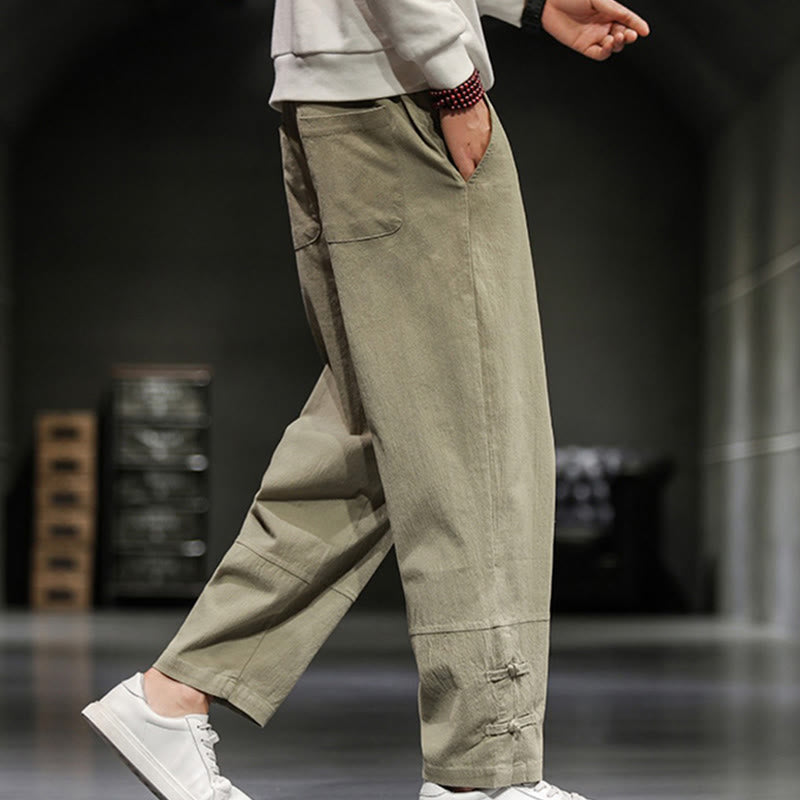 Buddha Stones Pantalones de algodón para hombre con cintura elástica, cordón ajustable, botones de rana y bolsillos hasta el tobillo - image 7
