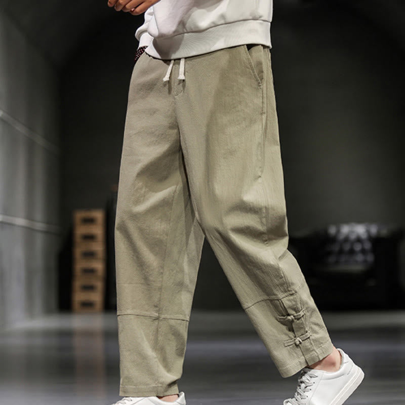 Buddha Stones Pantalones de algodón para hombre con cintura elástica, cordón ajustable, botones de rana y bolsillos hasta el tobillo - image 6