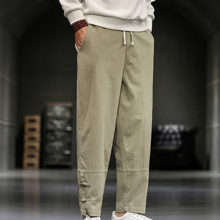 Buddha Stones Pantalones de algodón para hombre con cintura elástica, cordón ajustable, botones de rana y bolsillos hasta el tobillo - image 3