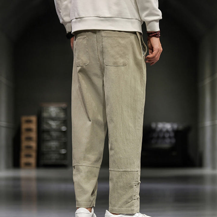 Buddha Stones Pantalones de algodón para hombre con cintura elástica, cordón ajustable, botones de rana y bolsillos hasta el tobillo - image 8