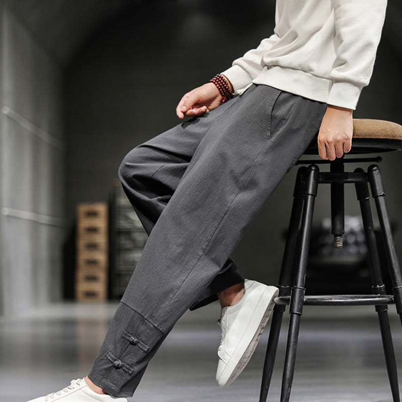 Buddha Stones Pantalones de algodón para hombre con cintura elástica, cordón ajustable, botones de rana y bolsillos hasta el tobillo - image 12