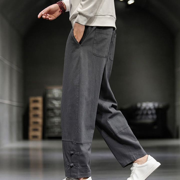 Buddha Stones Pantalones de algodón para hombre con cintura elástica, cordón ajustable, botones de rana y bolsillos hasta el tobillo - image 14