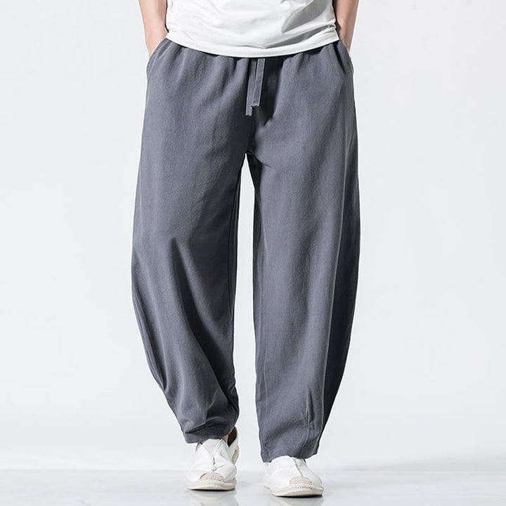 Buddha Stones Pantalones de algodón para hombre con cintura elástica y cordón ajustable hasta el tobillo con bolsillos - image 1