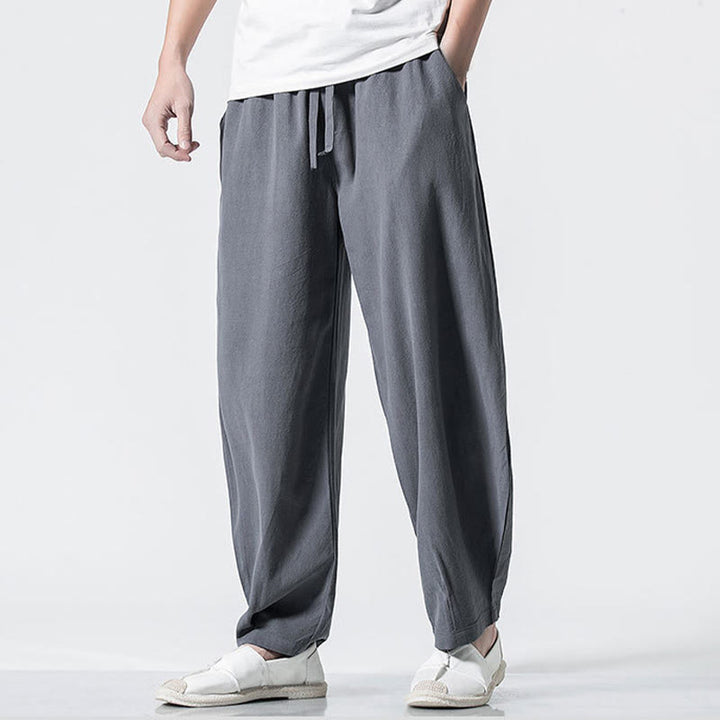 Buddha Stones Pantalones de algodón para hombre con cintura elástica y cordón ajustable hasta el tobillo con bolsillos - image 3