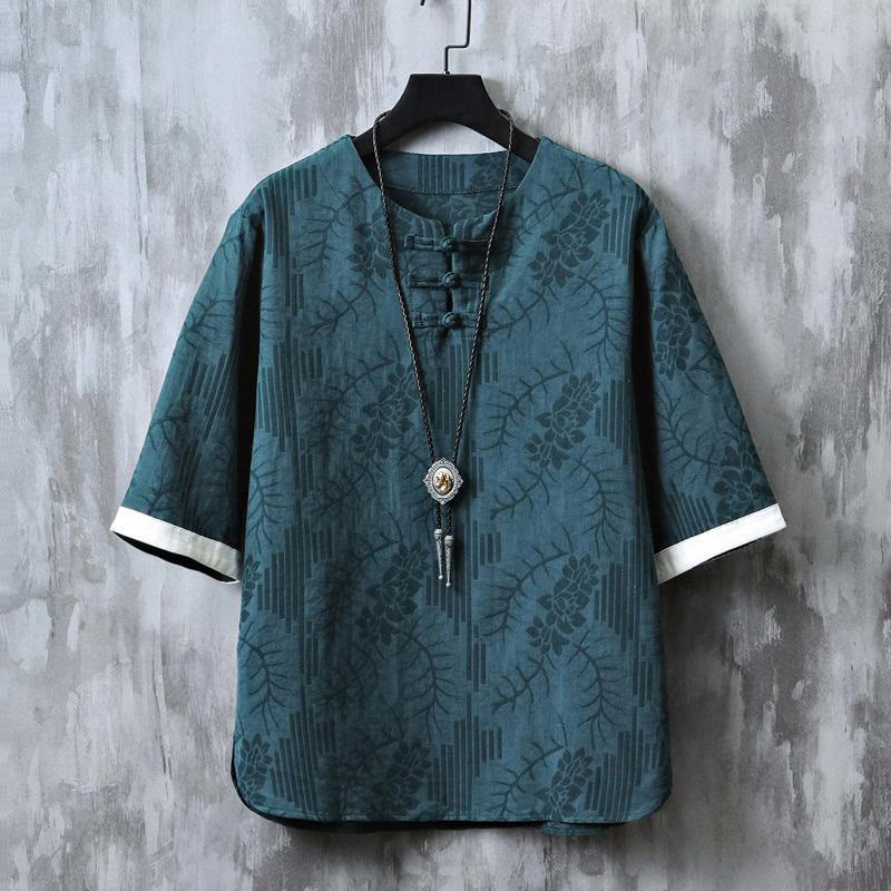 Buddha Stones Camisa de algodón para hombre de media manga con botones de rana y estampado floral de verano - Verde azulado - US/UK/AU48, EU58 (6XL) - image 0