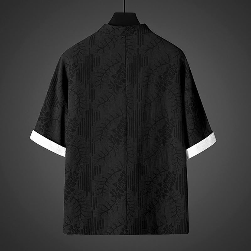 Buddha Stones Camisa de algodón para hombre con estampado floral y botones de rana de verano de media manga - image 3