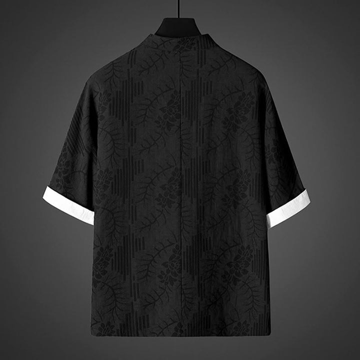 Buddha Stones Camisa de algodón para hombre con estampado floral y botones de rana de verano de media manga - image 3