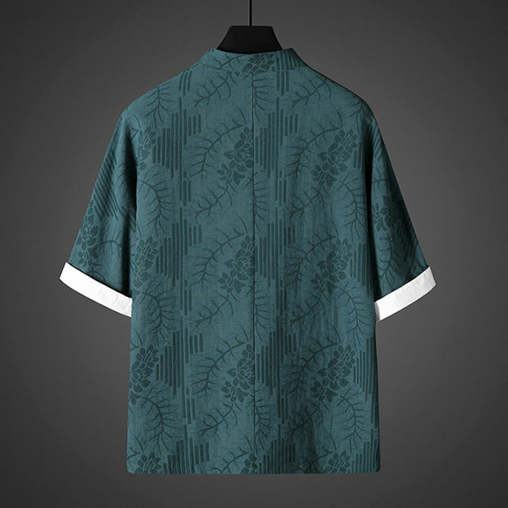 Buddha Stones Camisa de algodón para hombre con estampado floral y botones de rana de verano de media manga - image 5