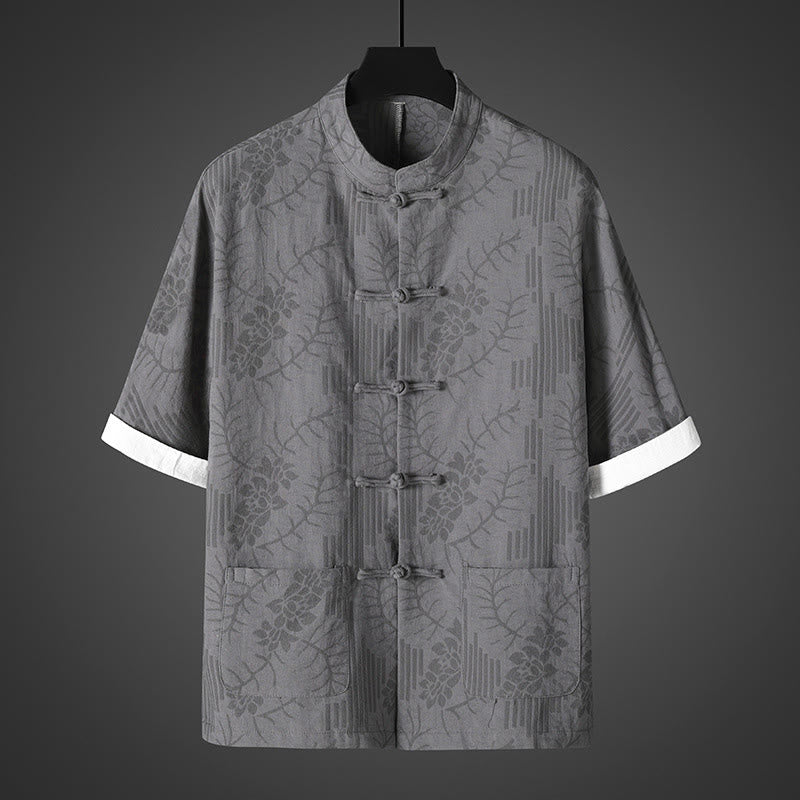 Buddha Stones Camisa de algodón para hombre con estampado floral y botones de rana de verano de media manga - Gris - US/UK/AU46, EU56 (5XL) - image 0