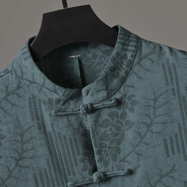 Buddha Stones Camisa de algodón para hombre con estampado floral y botones de rana de verano de media manga - image 6