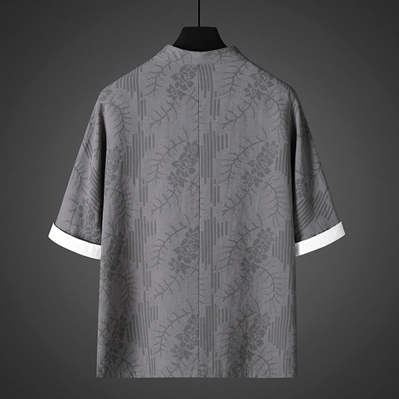 Buddha Stones Camisa de algodón para hombre con estampado floral y botones de rana de verano de media manga - image 1