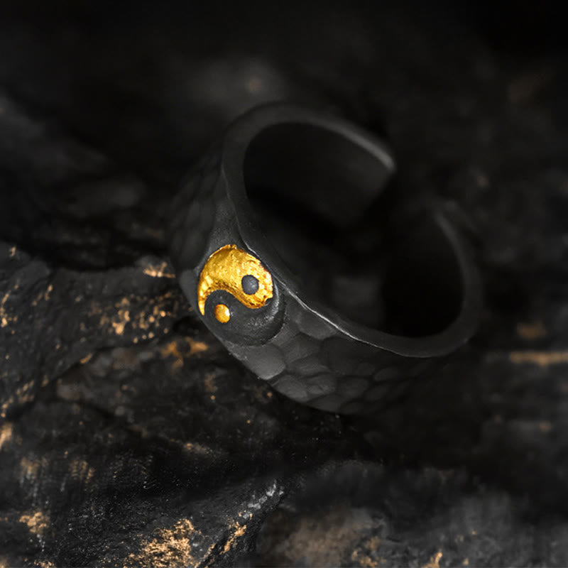 Buddha Stones Anillo de equilibrio texturizado Yin Yang hecho a mano en plata de ley 999 y oro 999 - image 1