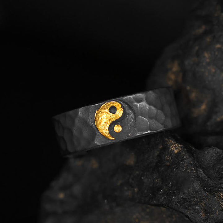 Buddha Stones Anillo de equilibrio texturizado Yin Yang hecho a mano en plata de ley 999 y oro 999 - image 2