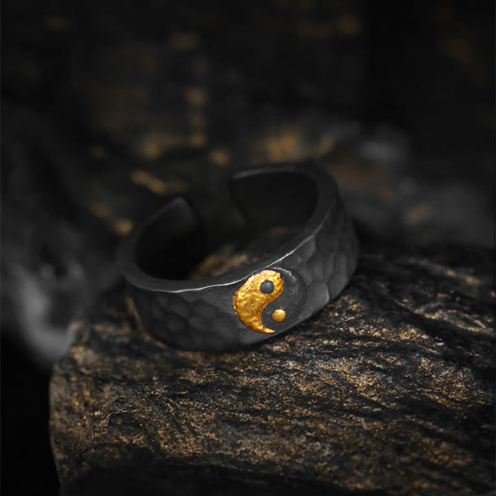 Buddha Stones Anillo de equilibrio texturizado Yin Yang hecho a mano en plata de ley 999 y oro 999 - image 3