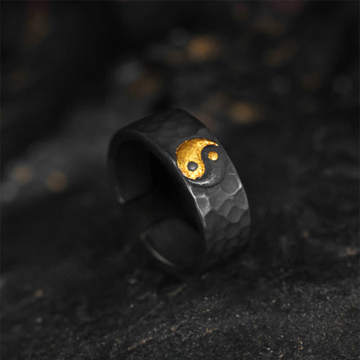 Buddha Stones Anillo de equilibrio texturizado Yin Yang hecho a mano en plata de ley 999 y oro 999 - US8-US10 - image 0