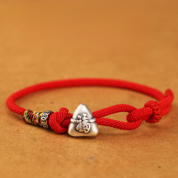 Buddha Stones Pulsera de cuerda de la suerte Zongzi con personaje Fu en plata de ley 999 - Rojo - 19-21 cm - image 14