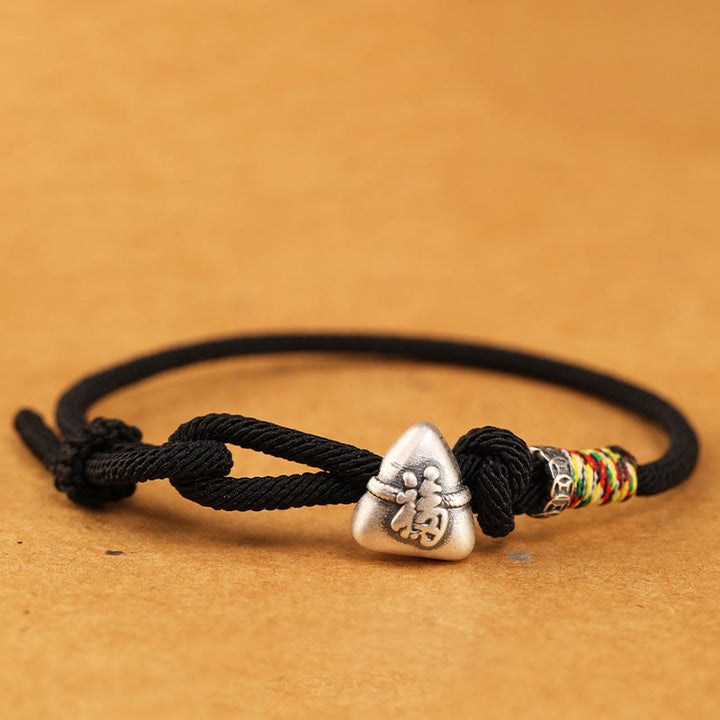Buddha Stones Pulsera de cuerda de la suerte Zongzi con personaje Fu en plata de ley 999 - Negro - 19-21 cm - image 17