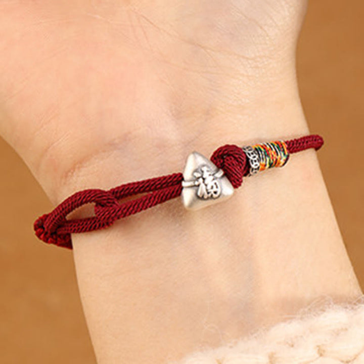 Buddha Stones Pulsera de cuerda de la suerte Zongzi con personaje Fu en plata de ley 999 - image 5