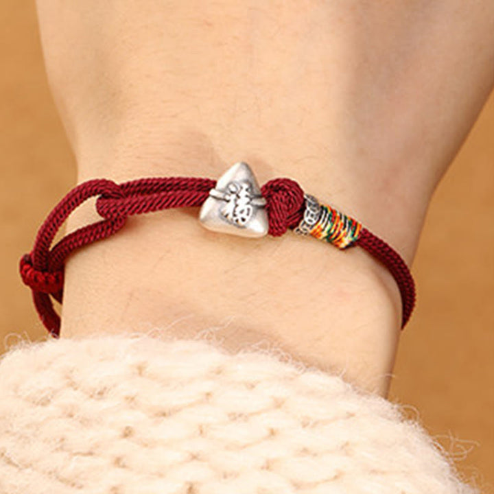 Buddha Stones Pulsera de cuerda de la suerte Zongzi con personaje Fu en plata de ley 999 - image 3