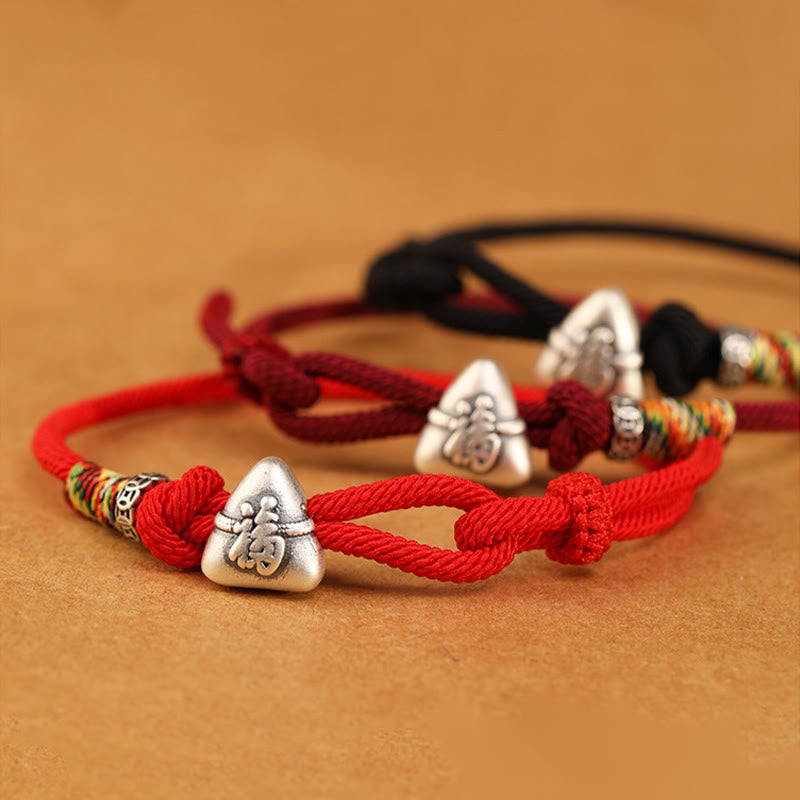 Buddha Stones Pulsera de cuerda de la suerte Zongzi con personaje Fu en plata de ley 999 - image 16