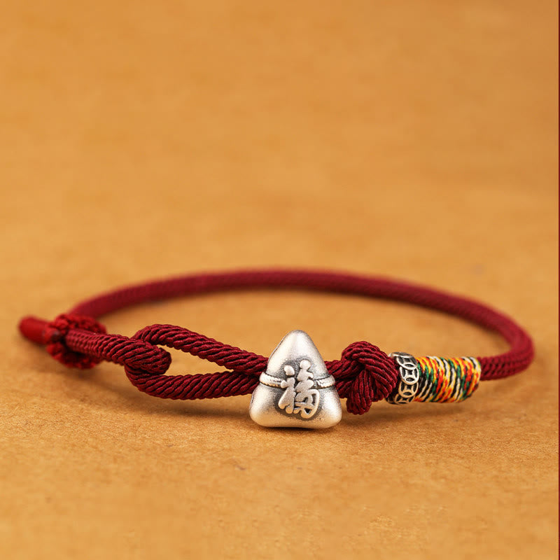 Buddha Stones Pulsera de cuerda de la suerte Zongzi con personaje Fu en plata de ley 999 - Rojo oscuro - 19-21 cm - image 0
